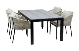 5-teiliges Garten-Set | 4 Elvira Gartenstühle (Schwarz) | Gartentisch Limasol 180 x 100 cm (Grau)