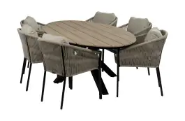 7-teiliges Garten-Set | 6 Elvira Gartenstühle (Schwarz) | 220 cm ovaler Limasol-Gartentisch (Wood)