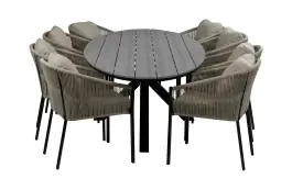 9-teiliges Garten-Set | 8 Elvira Gartenstühle (Schwarz) | 280 cm ovaler Limasol-Gartentisch (Grau)