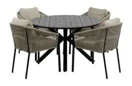 5-teiliges rundes Gartenset | 4 Elvira Gartenstühle (Schwarz) | Gartentisch Limasol ø120cm (Grau)