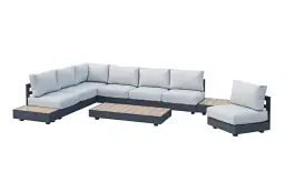 Eck-Lounge-Set Fosega | 225 x 299 cm | 7-Teilig | mit Sessel | Mattschwarz / Steingrau | Aluminium