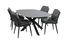 5-teiliges Gartenmöbel-Set | 4 Isabel Gartenstühle (Black) | Gartentisch Barletta 180x115 cm (Black/Desert Pearl)