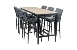 7-teiliges Gartenbar-Set | 7 Isabel Barhocker Schwarz |  Limasol Bartisch 200 x 75 cm Holz