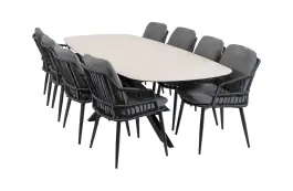 9-teiliges Garten-Set | 8 Isabel Gartenstühle | Gartentisch Malaga 280 x 115 cm | Schwarz