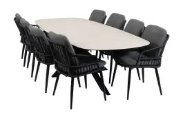 9-teiliges Garten-Set | 8 Isabel Gartenstühle | Gartentisch Malaga 280 x 115 cm | Schwarz