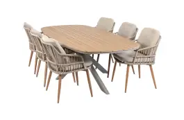 7-teiliges Garten-Set | 6 Isabel Gartenstühle (Sand) | Malaga Gartentisch 240 x 115 cm (Camel)