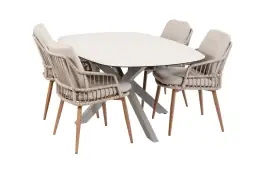 5-teiliges Garten-Set | 4 Isabel Gartenstühle (Sand / Wood) | Malaga Gartentisch 180 x 115 cm (Camel)