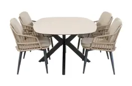 7-teiliges Garten-Set | 6 Isabel Gartenstühle (Sand) | Malaga Gartentisch 240 x 115 cm (Schwarz)