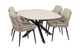 5-teiliges Garten-Set | 4 Isabel Gartenstühle (Sand) | Malaga Gartentisch 180 x 115 cm (Schwarz)