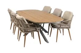 7-teiliges Garten-Set | 6 Isabel Gartenstühle (Sand) | Malaga Gartentisch 240 x 115 cm (Camel)