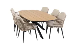 7-teiliges Garten-Set | 6 Isabel Gartenstühle | Gartentisch Cadiz 240 x 115 cm | Sand & Schwarz