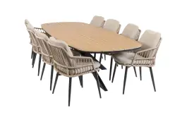 9-teiliges Garten-Set | 8 Isabel Gartenstühle | Gartentisch Cadiz 280 x 115 cm | Sand & Schwarz