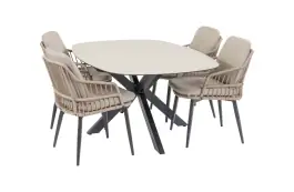 5-teiliges Garten-Set | 4 Isabel Gartenstühle (Sand) | Malaga Gartentisch 180 x 115 cm (Schwarz)