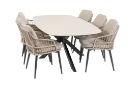 7-teiliges Garten-Set | 6 Isabel Gartenstühle (Sand) | Malaga Gartentisch 240 x 115 cm (Schwarz)