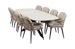 9-teiliges Garten-Set | 8 Isabel Gartenstühle | Gartentisch Malaga 280 x 115 cm | Sand & Schwarz