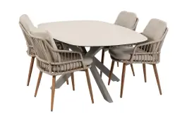 5-teiliges Garten-Set | 4 Isabel Gartenstühle (Sand / Wood) | Malaga Gartentisch 180 x 115 cm (Camel)