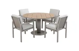 5-teiliges rundes Gartenmöbel-Set | 4 Lumo Gartenstühle (Beige & Camel) | Gartentisch Tower Ø120 cm (Camel)