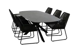 7-teiliges Gartenmöbel-Set | 6 Mona Gartenstühle (Black) | Gartentisch Barletta 240x115 cm (Black/Desert Pearl)