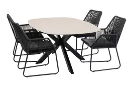 5-teiliges Garten-Set | 4 Mona Gartenstühle (Schwarz) | Malaga Gartentisch 180 cm (Schwarz)