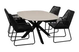 5-teiliges Garten-Set | 4 Mona Gartenstühle (Schwarz) | Malaga Gartentisch 180 cm (Schwarz)