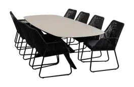 9-teiliges Garten-Set | 8 Mona Gartenstühle | Gartentisch Malaga 280 x 115 cm | Schwarz