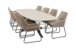 9-teiliges Garten-Set | 8 Mona Gartenstühle | Gartentisch Malaga 280 x 115 cm | Sand & Schwarz