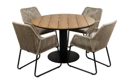 5-teiliges Garten-Set rund | 4 Mona-Gartenstühle (Sand) | ø 120 cm Tower-Gartentisch (Schwarz)