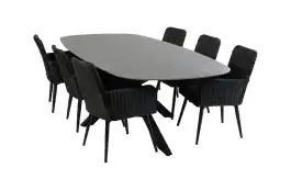 7-teiliges Gartenmöbel-Set | 6 Pisa Gartenstühle (Black) | Gartentisch Barletta 240x115 cm (Desert Pearl/Black)