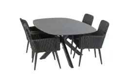 5-teiliges Gartenmöbel-Set | 4 Pisa Gartenstühle (Black) | Gartentisch Barletta 180x115 cm (Black/Desert Pearl)