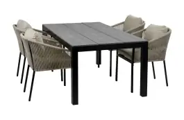 5-teiliges Garten-Set | 4 Elvira Gartenstühle (Sand) | Gartentisch Limasol 180 x 100 cm (Grau)
