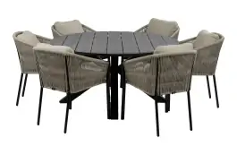 7-teiliges rundes Gartenset | 6 Gartenstühle Elvira (Schwarz) | Gartentisch Limasol ø150cm (Grau)