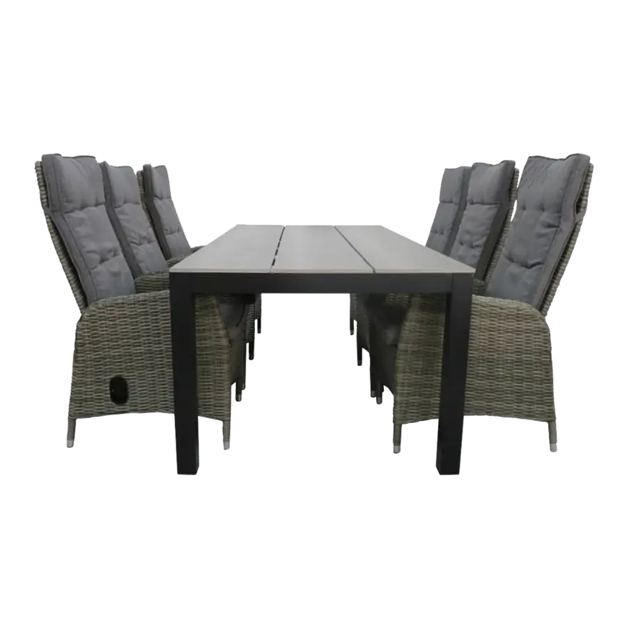 7 delige tuinset-6 kos verstelbare tuinstoelen-Ash Grey-Cyprus tuintafel-grey-polywood tafelblad-wicker-aluminium frame-vooraanzicht