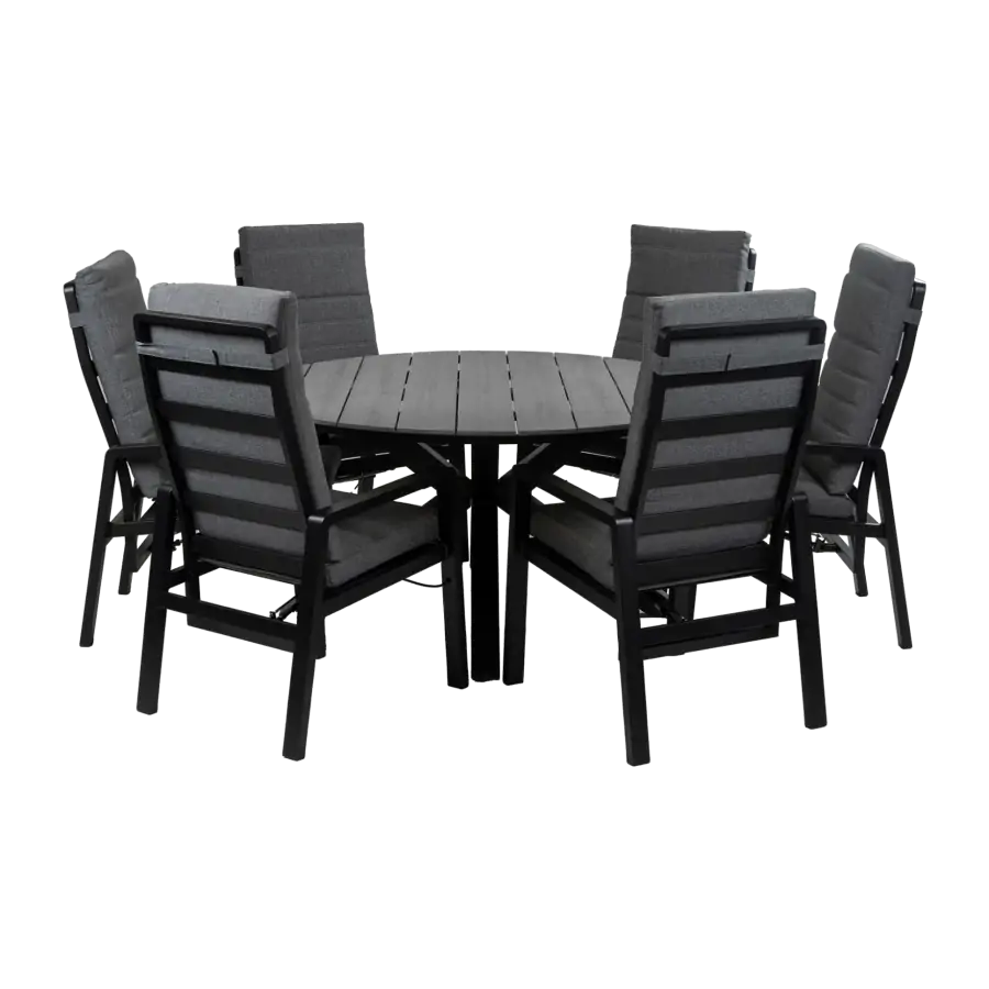 Rundes 7-teiliges Garten-Set | 6 Berlin Gartenstühle (Schwarz) | Limasol Gartentisch ø 150 cm (Grau)