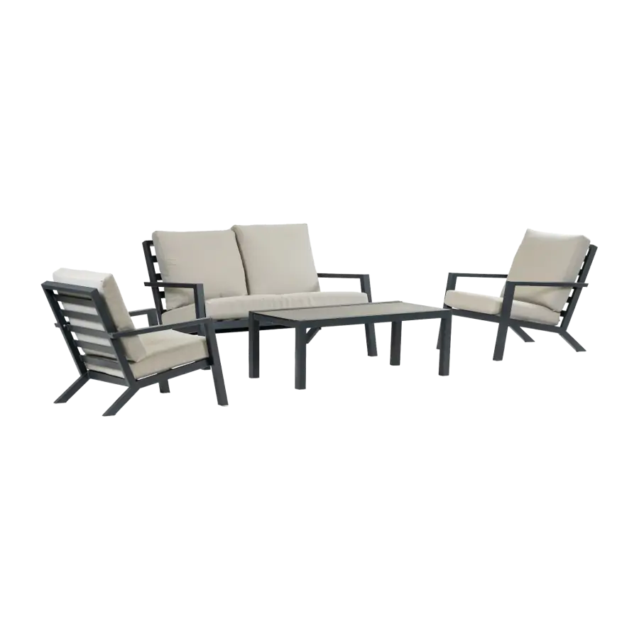 Sessel-Sofa Lounge-Set Bezano | 2-Sitzer | Mattschwarz / Creme | Aluminium