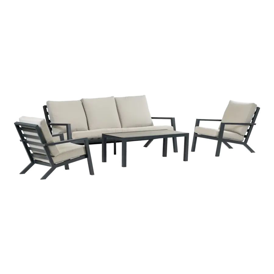 Sessel-Sofa Lounge-Set Bezano | 3-Sitzer | Mattschwarz / Creme | Aluminium