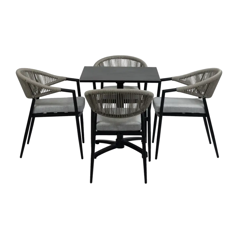 5-teiliges Garten-Set | 4 Gartenstühle Brügge (Schwarz) | Klappbarer Gartentisch Gent 70 x 70 cm (Schwarz))