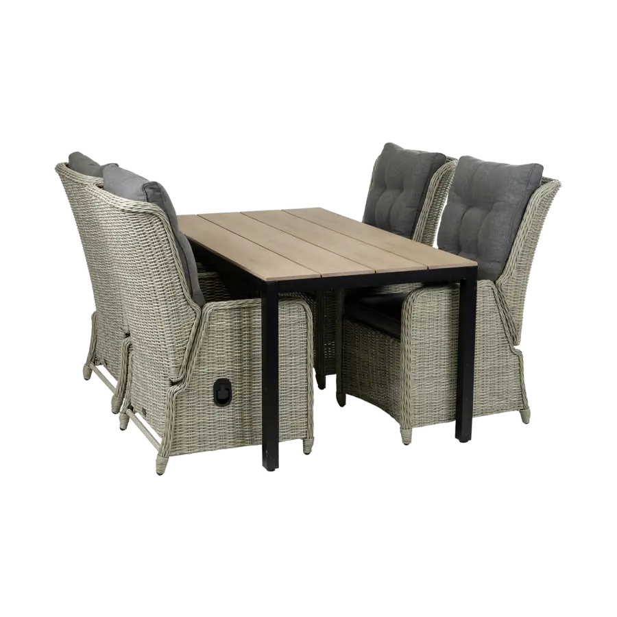 5 delige tuinset-4 Dublin verstelbare tuinstoelen-Mystic Grey-cyprus tuintafel-wood kleur tuintafel-wicker-aluminium frame