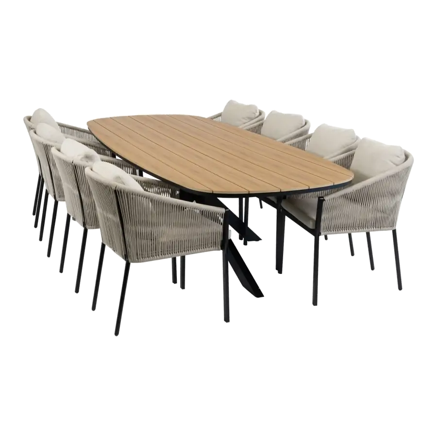 9-teiliges Garten-Set | 8 Elvira Gartenstühle | Gartentisch Cadiz 280 x 115 cm | Schwarz