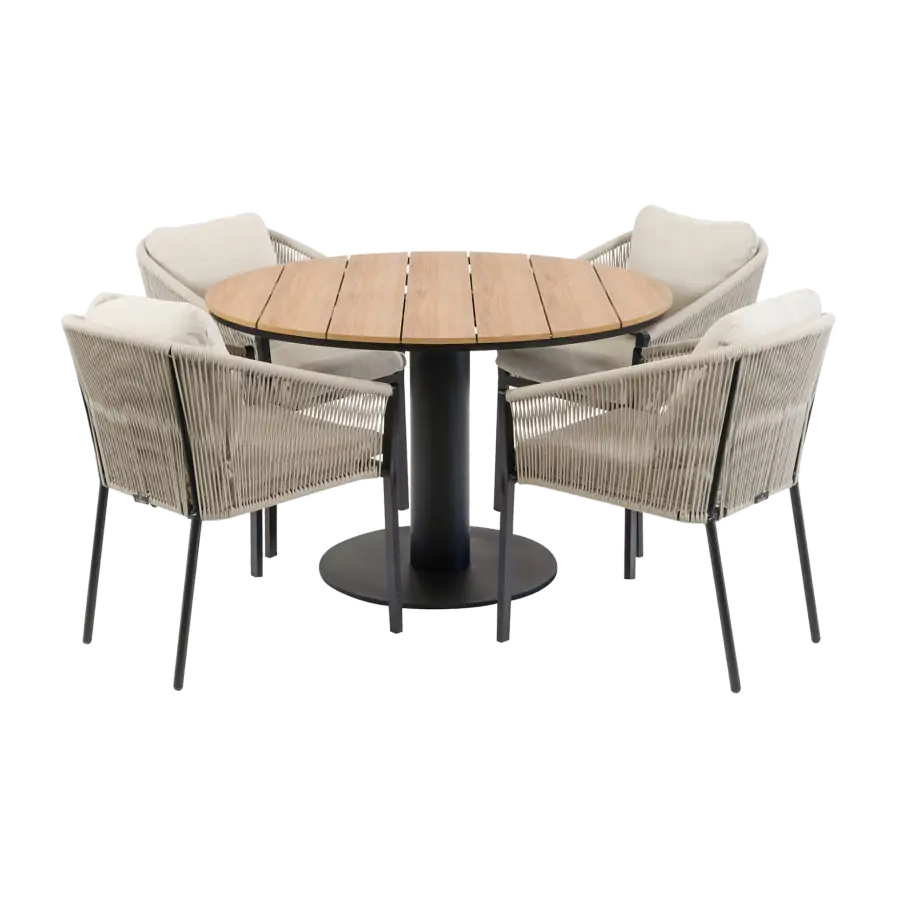 5-teiliges rundes Garten-Set | 4 Elvira Gartenstühle | ø 120 cm Tower-Gartentisch | Schwarz