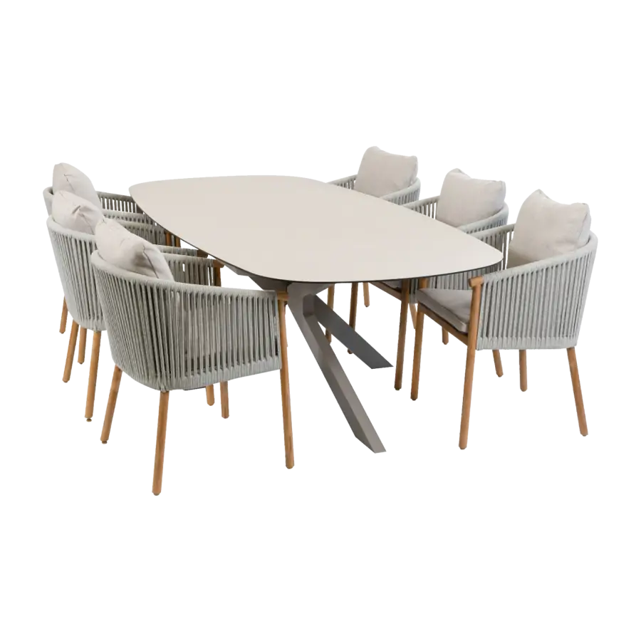 7-teiliges Garten-Set | 6 Es Vedra Gartenstühle | Gartentisch Malaga 240 x 115 cm | Teakholz & Camel