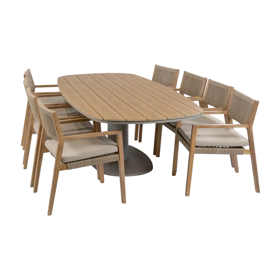 9-teiliges Garten-Set | 8 Felline Gartenstühle (Akazie) | 260 cm Tower Gartentisch (Camel)