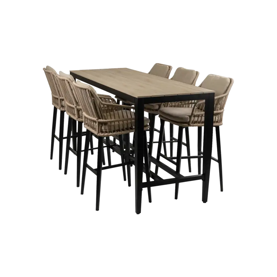 7-teiliges Gartenbar-Set | 7 Isabel Barhocker |  Limasol Bartisch 200 x 75 cm Holz  | Sand & Holz