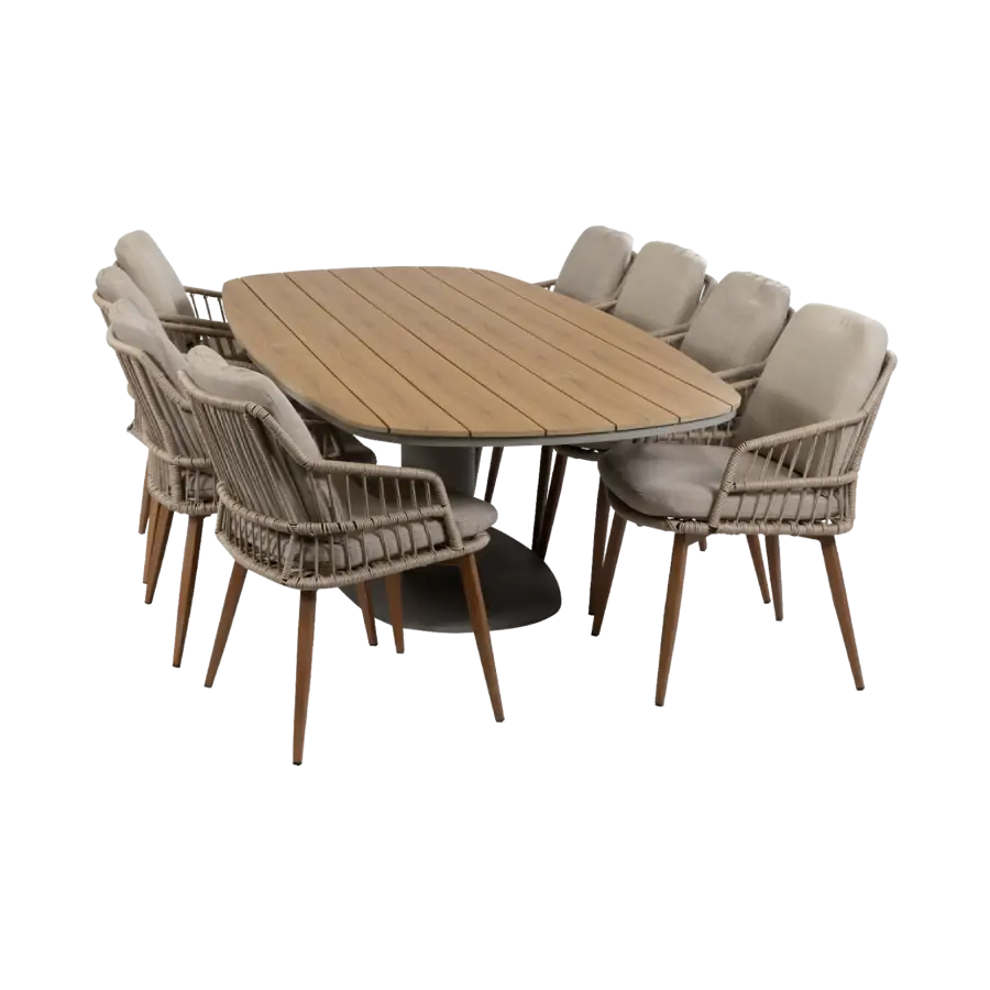 9-teiliges Garten-Set | 8 Isabel Gartenstühle (Sand / Wood) | 260 cm Tower Gartentisch (Camel)