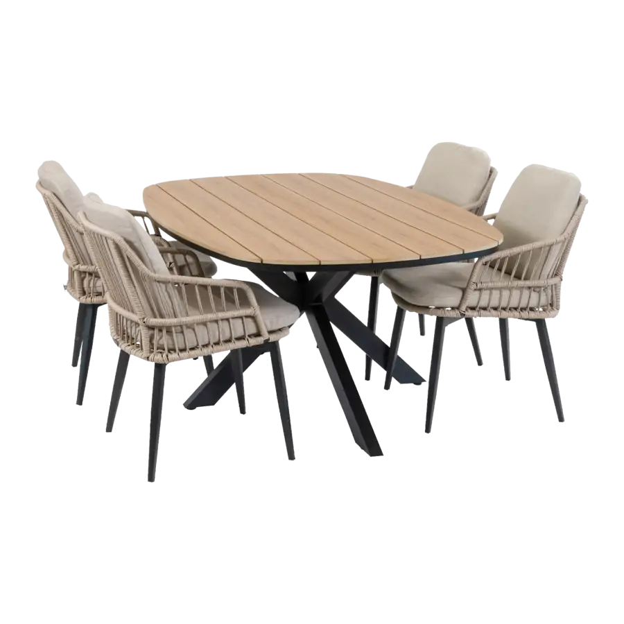 5-teiliges Garten-Set | 4 Isabel Gartenstühle | Cadiz Gartentisch 180 x 115 cm | Sand & Schwarz