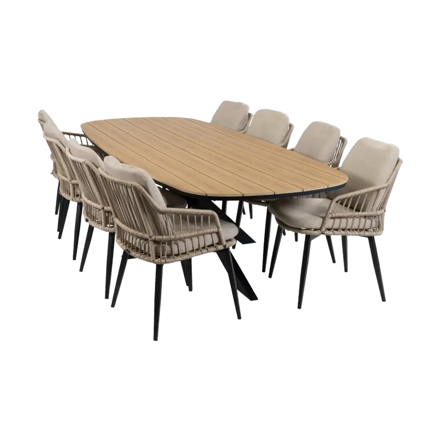 9-teiliges Garten-Set | 8 Isabel Gartenstühle | Gartentisch Cadiz 280 x 115 cm | Sand & Schwarz