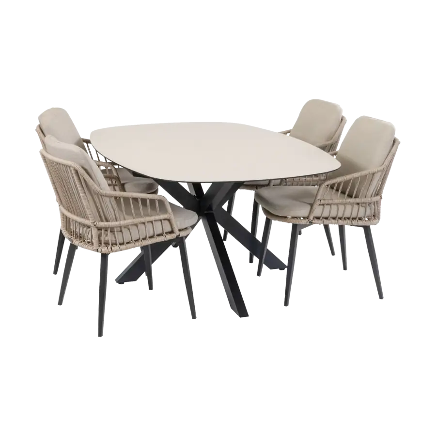 5-teiliges Garten-Set | 4 Isabel Gartenstühle (Sand) | Malaga Gartentisch 180 x 115 cm (Schwarz)