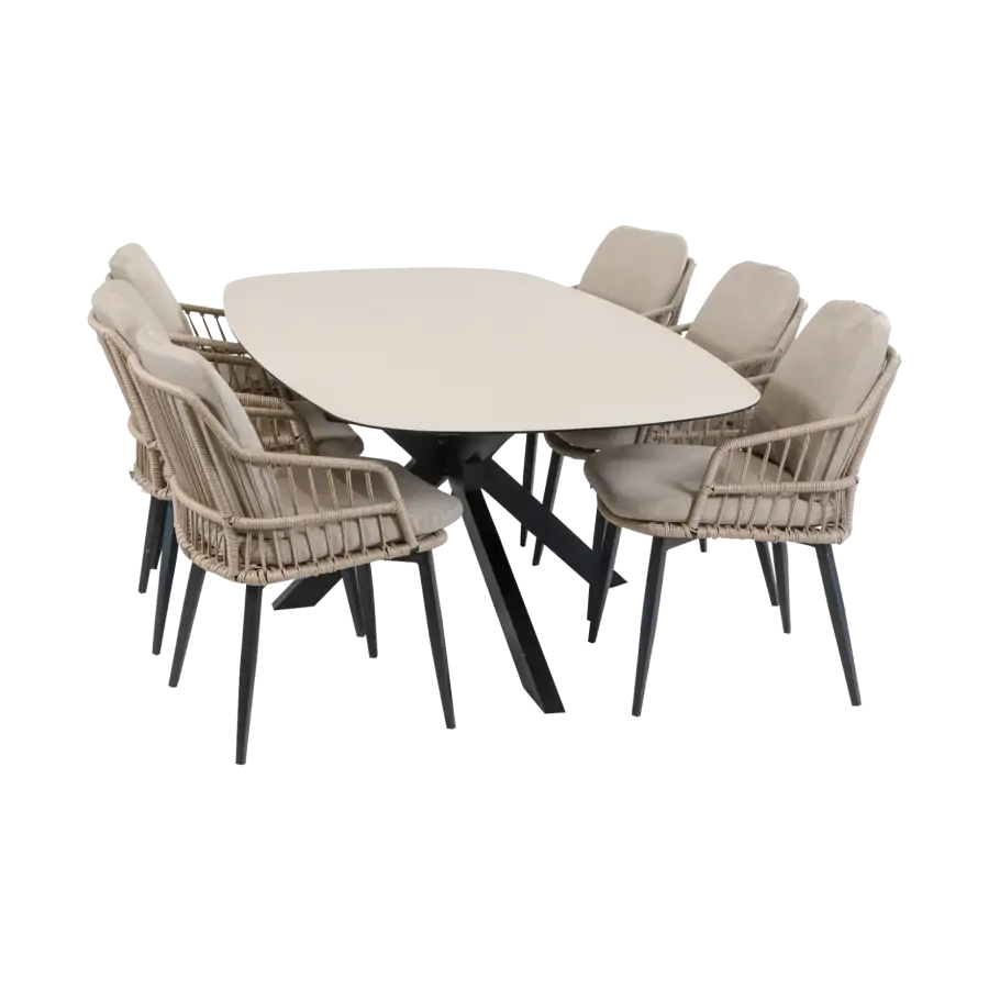 7-teiliges Garten-Set | 6 Isabel Gartenstühle (Sand) | Malaga Gartentisch 240 x 115 cm (Schwarz)