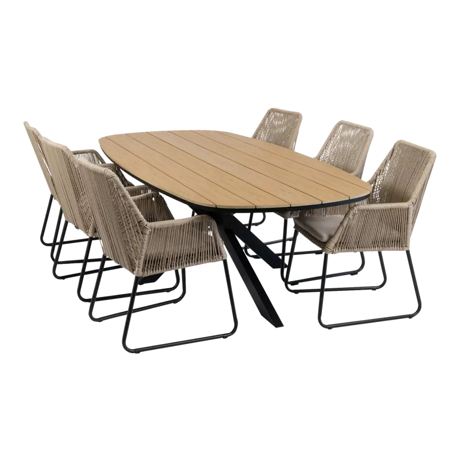 7-teiliges Garten-Set | 6 Mona Gartenstühle | Gartentisch Cadiz 240 x 115 cm | Sand & Schwarz