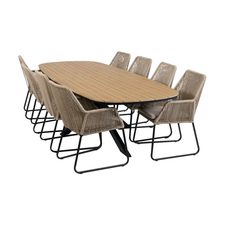 9-teiliges Garten-Set | 8 Mona Gartenstühle | Gartentisch Cadiz 280 x 115 cm | Sand & Schwarz