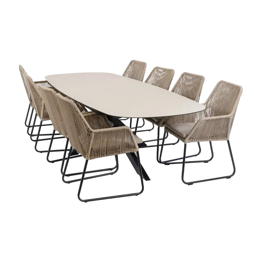 9-teiliges Garten-Set | 8 Mona Gartenstühle | Gartentisch Malaga 280 x 115 cm | Sand & Schwarz
